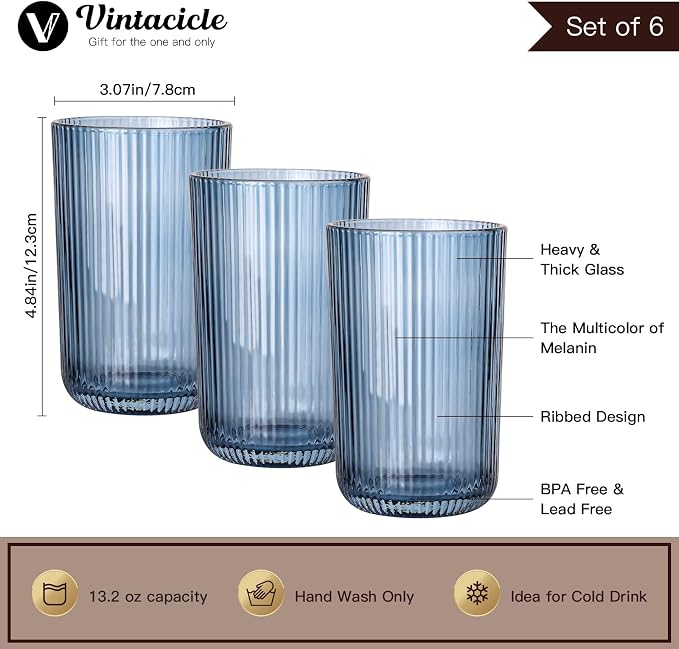 Blue Ribbed Highball Glasses Set of 6, 13.2oz Midnight Blue Colored Glassware, Drinking Glasses for Water, Juice, Iced Coffee, Cocktails, Blue Glass Cups, Housewarming Christmas Gift