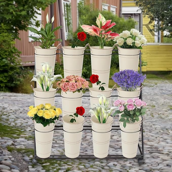 Notakia 10.62 Inch Galvanized Metal Vases Farmhouse French Flower Bucket Vases for Cut Flowers for Home Decor and Wedding Table Centerpiece Decorations (Medium Beige 8Pcs)