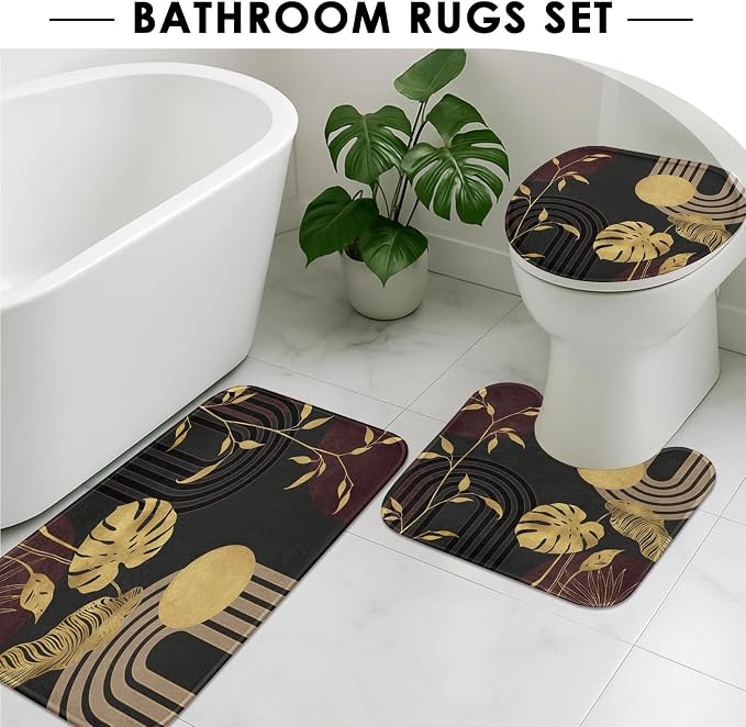 Boho Vintage Shower Curtain Set with Toilet Lid Cover and Non-Slip Rugs, Gold Tropical Minimalist Neutral Grey 4 Pcs Modern Minimalist Vintage Shower Curtain for Bathroom Set with 12 Hooks