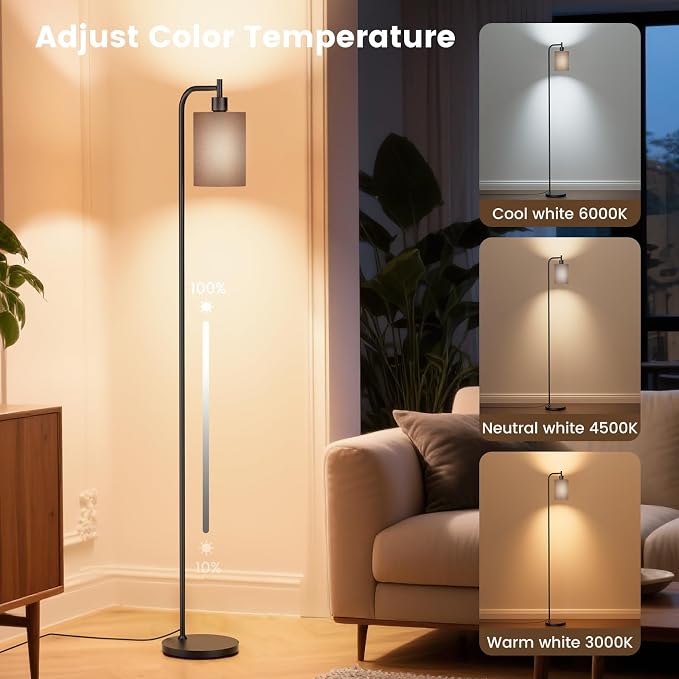SIBRILLE Floor Lamp with Linen Shade, Dimmable Tall Standing Lamp with Remote Control & 3 Color Temperatures, Modern Floor Lamps for Living Room Bedroom Office Corner, 9W LED Bulb Included