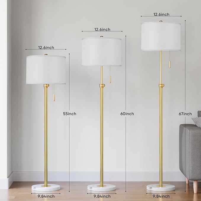PARTPHONER Floor Lamp for Living Room, 66'' Adjustable Height Standing Lamp with Marble Base, 3-Color Tall Lamps with Pull Chain, Suitable for Bedroom, Reading, Office (Bulb Included, White Shade)