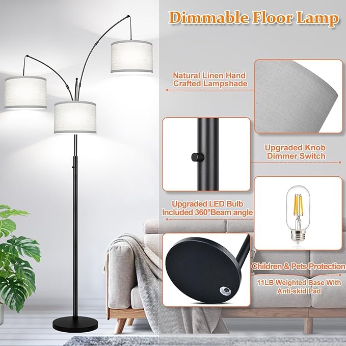 Dimmable Floor Lamp, 3 Lights Black Arc Floor Lamp, Modern Tall Standing Tree Lamp with Grey Linen Shades & Heavy Base, 3000LM LED Bulbs, Bright Lighting for Living Room, Bedroom, Office & Reading