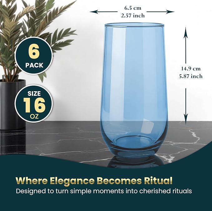 Blue Drinking Glasses Set of 6 | 16 oz Blue Glass Cups | Highball Drinkware for Cocktails, Long Drink, Water, Mojito, Juice, Soda