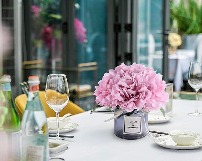 XIAYAN Artificial Flower and Glass Bottle Set, Isn Style, Suitable for Living Room, Dining Table, Office, Wedding, Hotel Banquet and Family Decoration. (Pink Purple)