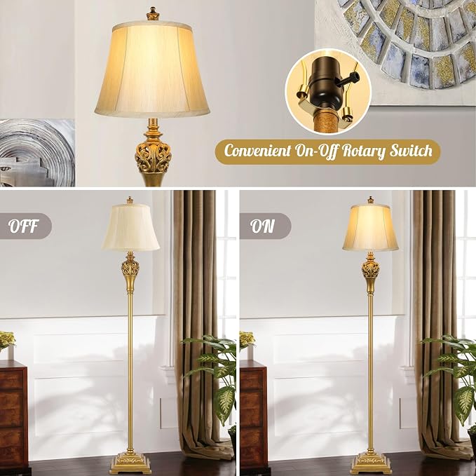 Sucolite Vintage Floor Lamp for Living Room, Traditional Farmhouse Tall Standing Lamp, Mid-Century Antique Pole Lamp for Bedroom Reading with Cream Faux Silk Lampshade, Rustic Lighting Home Decor