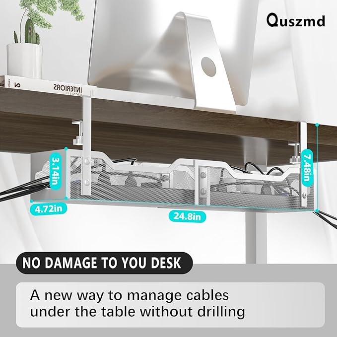 Under Desk Cable Management Tray 24.8", Quszmd Cable Organizer No Drill, Standing Cord Organizer and Wire Management Tray - No Damage to Desk, White