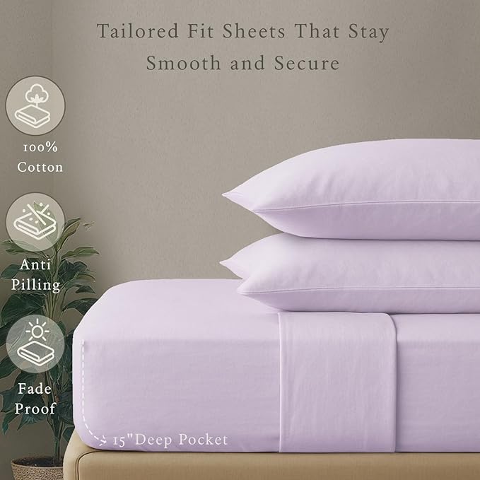 Threadmill Cotton Twin XL Sheets Set, Soft 100% Cotton, Cooling Bed Sheets with Deep Pocket Snug Fit Elastic, 500 Thread Count, 3-Pc, Hotel Quality Bed Sheets, Beats Egyptian Cotton Claim, Lilac