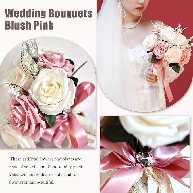 Dusty Pink Wedding Bouquets for Bride Bridesmaid,White Blush Pink Artificial Fake Silk Roses Flowers Bridal Bouquet for Wedding French Vintage Boho Rustic Church Decoration Toss Bouquet (8.6in(M))