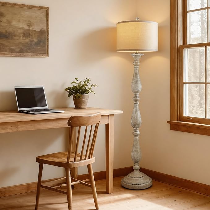 PARTPHONER Vintage Floor Lamp for Living Room, Rustic Farmhouse Standing Lamp with Rotary Switch and Linen Shade, Retro Resin Floor Lamp for Bedroom, Corner, Dining Room, House Decor, Grey