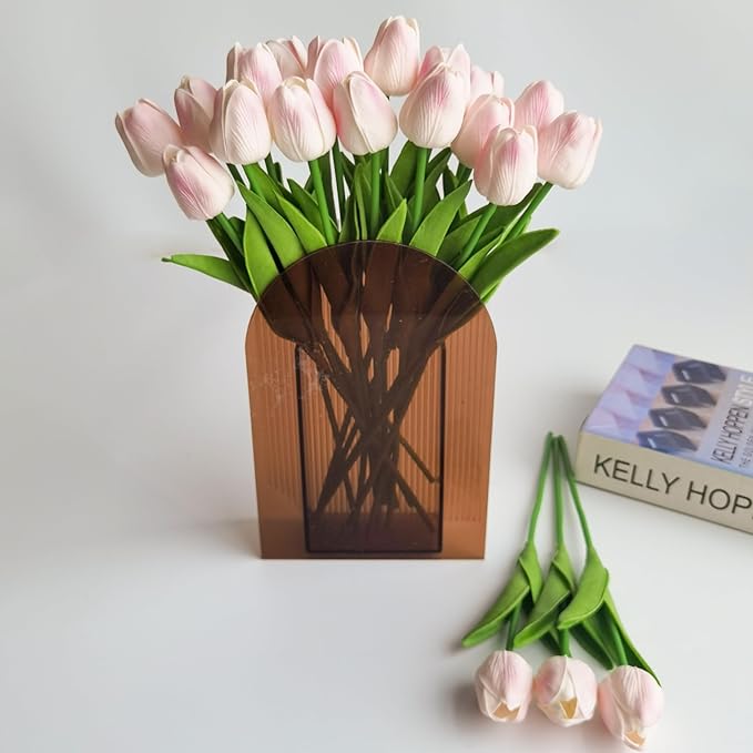 20 Pcs 13” Real Touch Pink Tulips Artificial Flowers, Latex Pu Fake Faux Lifelike Flowers with Stems, for Wedding Bouquet Christmas Home Decor