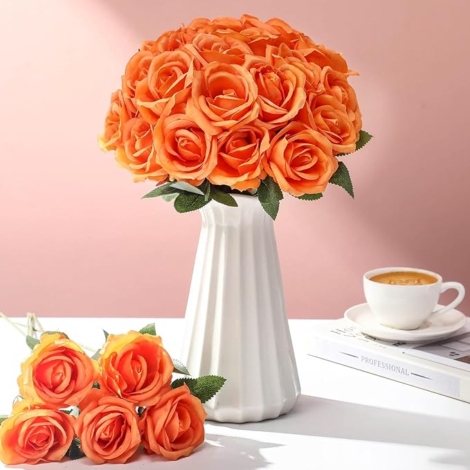 30 Pcs Rose Artificial Flowers in Bulk Real Touch Long Stem Silk Roses Bouquets Realistic Faux Flowers for Wedding Bridal Shower Home Decor Floral Arrangements Table Centerpiece(Orange)