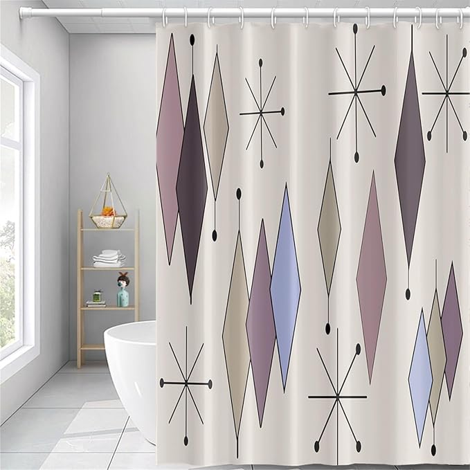 Mid Century Shower Curtain Abstract Purple Diamond Geometric Atomic Starburst Pattern Beige Backdrop for 1950s Retro Bathroom Decor Accessories Shower Curtain Set with 12 Hooks, 72x84 Inches