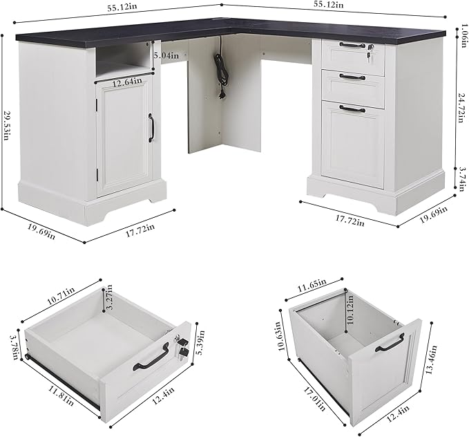55” Farmhouse L Shaped Desk with Charging Station,Executive L Shaped Desk with Lockable Drawers and Storage Cabinet & Adjustable File Cabinet,White Corner Desk for Home Office