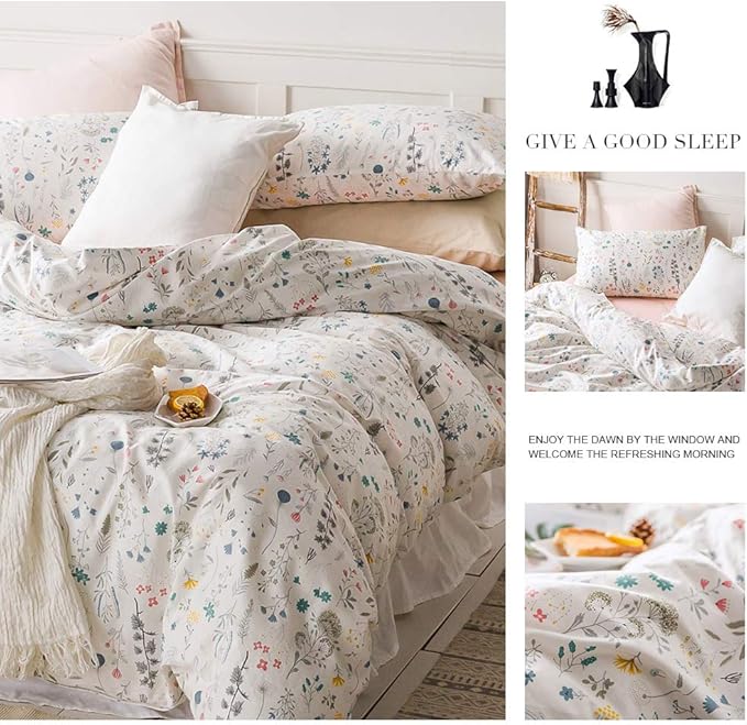 HighBuy Floral Duvet Cover King 100% Cotton Bedding Set King Girls Cottagecore Bedding 3 Piece Comforter Cover King Ultra Soft Garden Floral Duvet Cover King with Zipper Closure,4 Corner Ties