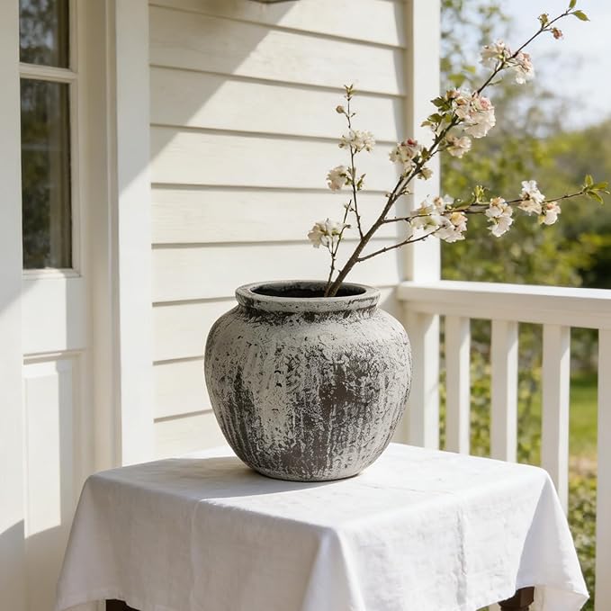 Oakrain Large Rustic Minimalist Vase, 11" Distressed Round Floor Vase for Home Decor, Farmhouse Centerpieces Planters for Living Room Indoor Outdoor Use, Gray