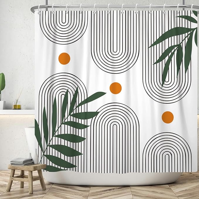 Boho Mid Century Shower Curtain Bohemian Minimalist Geometric Arch Sun Bathroom Curtain Sage Green Plant Polyester Shower Curtain Sets for Bathroom Extra Long 72x78 in with 12 Hooks