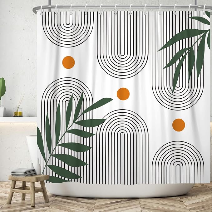 Boho Mid Century Shower Curtain Bohemian Minimalist Geometric Arch Sun Bathroom Curtain Sage Green Plant Polyester Shower Curtain Sets for Bathroom Extra Long 69x70 in with 12 Hooks