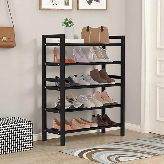 Haddockway Bamboo Shoe Rack for Closet, Free Standing Shoe Organizer with Smooth Round Rods & Convenient Handles, Stackable Shoe Storage Shelf for Entryway, Hallway(Black, 5-Tier(Small))