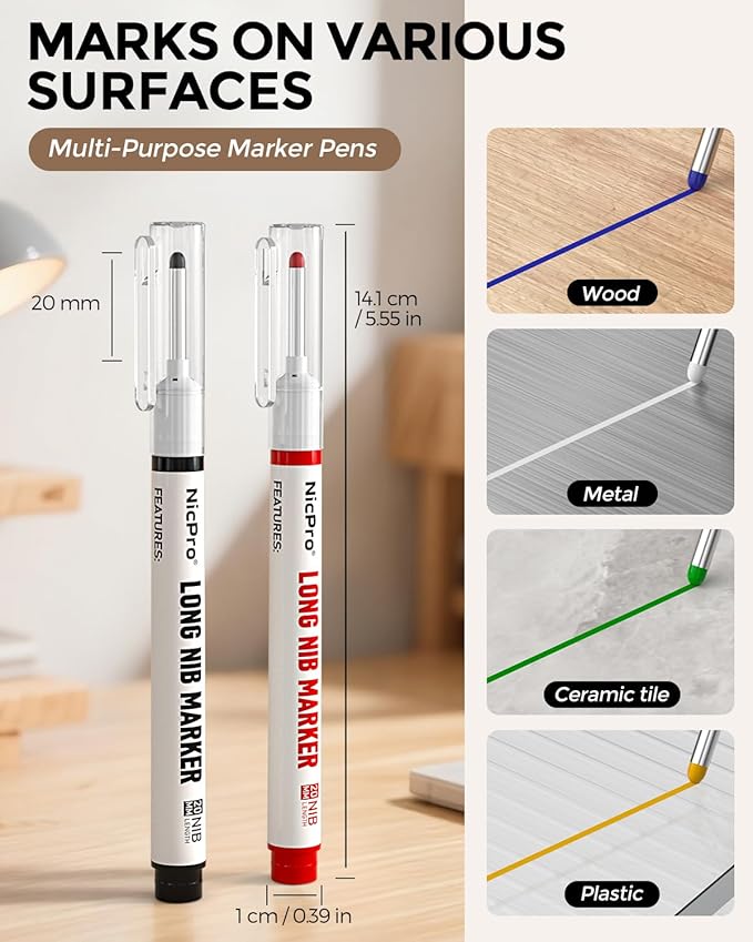 Nicpro 12 PCS Long Nib Marker Pens, 20mm Deep Hole Markers, Quick Dry & Waterproof Construction Marker, Long Head Mark Pens for Metal, Steel, Tile, Glass, Carpenter Marking Tool for Woodworking