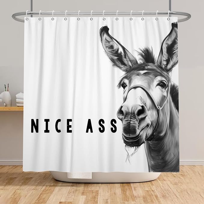 Funny Donkey Shower Curtains Joke Hilarious Animal Bathroom Curtain Rustic Farmhouse Cute Donkey White Shower Curtain Sets for Bathroom Extra Long 72x78 in with 12 Hooks