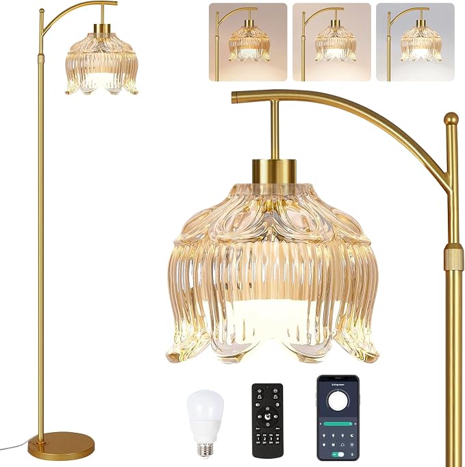 QIYIZM Flower Floor Lamp for Living Room,Bedroom,Gold Dimmable Standing Lamp with Remote,Glass Mid Century Modern Brass Tall Lamp Boho Floor Lamps Arc Stained Floor Light Lamp Bohemian