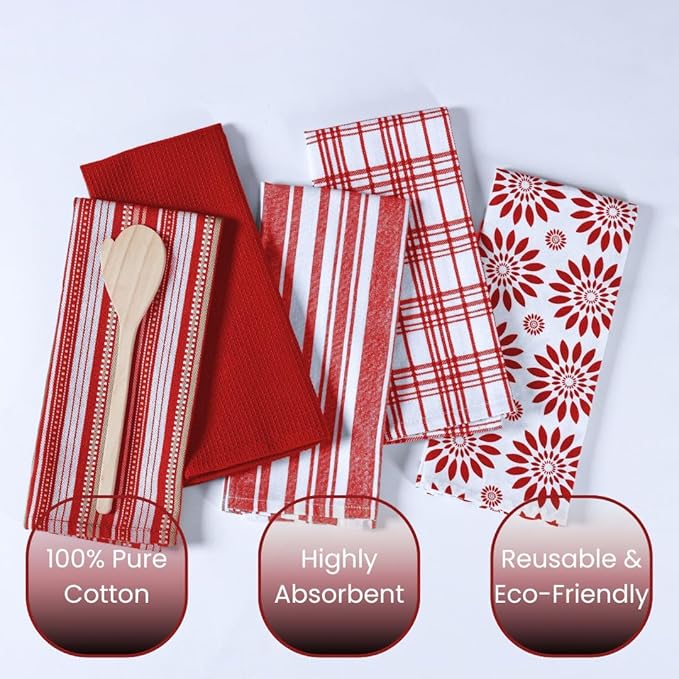 Assorted Kitchen Towels - Red Kitchen Towels, Set of 5, 16x26 in - Absorbent 100% Cotton Dish Towels with Hanging Loop - Waffle Weave Tea Towels for Drying Dishes, Glassware & Counters