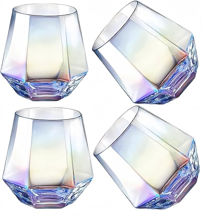 Stemless Wine Glasses Set of 4, 10 Oz Iridescent Glassware Modern Rainbow Wine Glass Colored Tumblers for Red Wine, Cocktail, Whiskey, Bourbon, Gift for Wine Lovers