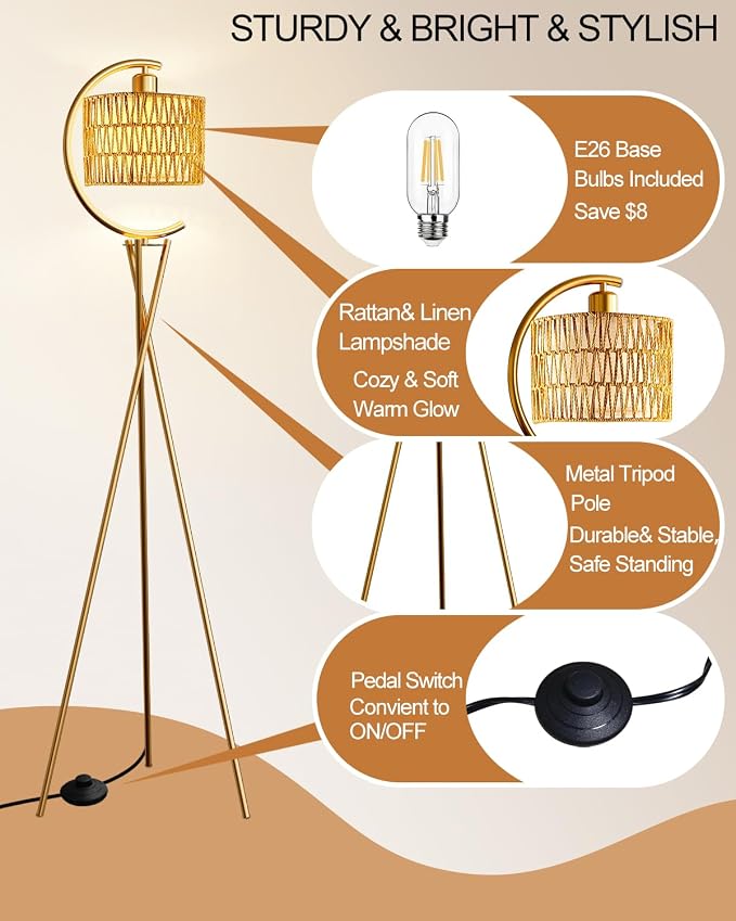 Lightdot Tripod Floor Lamp for Living Room, Gold Standing Lamp with Bulb Included, Boho Farmhouse Tall Lamp for Bedroom, Arced Reading Light with Rattan& Linen Shades for Sofa Beside/Corner Decor