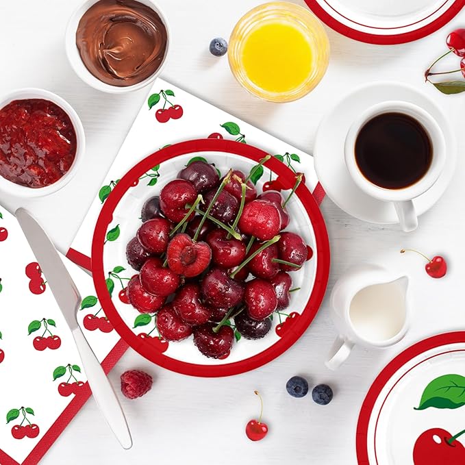 40Pcs Cherry Birthday Decorations Red and White Birthday Plates and Napkins Party Supplies Serve 20 Cherry Themed Party Decorations for Bridal Baby Shower Wedding Decor