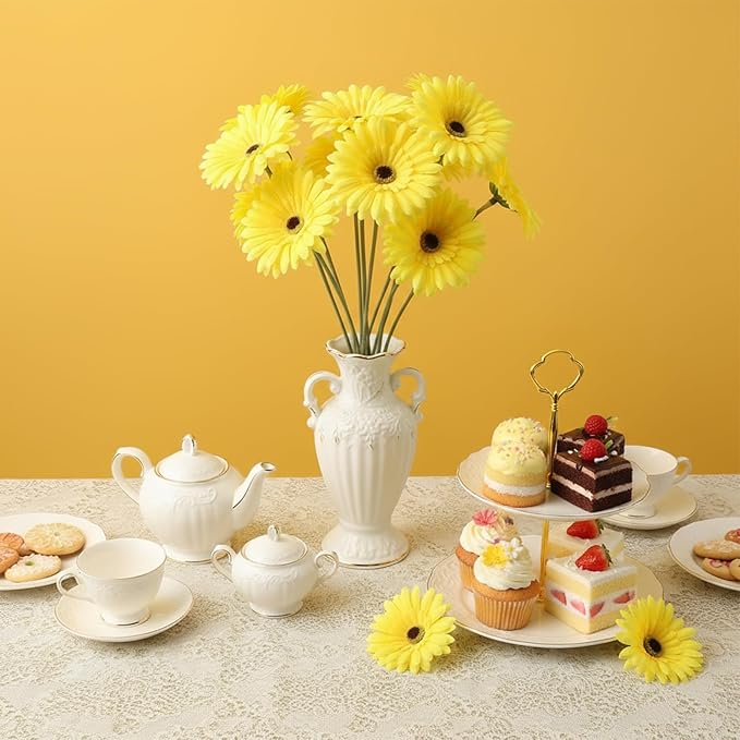 100 Pcs Flowers Long Stem Artificial Daisy, 4 Inches Silk Gerbera Head Flowers Fake for Wedding Bridal Bouquet Home Floral DIY Day of The Dead Tables Centerpieces Party Decoration (Yellow)