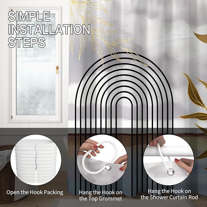 Mid Century Boho Shower Curtain Abstract Modern Minimalist Geometric Arch Bathroom Curtain Gold Leaves Aesthetic Waterproof Bath Decor Polyester Fabric with Hooks 72x84 inch