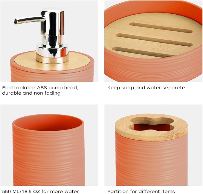 4 PCS Orange Bathroom Accessories Set, Includes a Soap Dispenser, Toothbrush Holder, Soap Dish and Mouthwash Cup, Plastics & Bamboo Bathroom Set, Bohemian Style Bathroom Sink Set