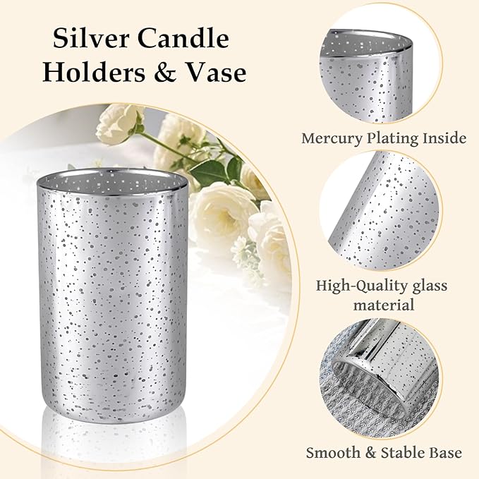 CHILL RECIPE Silver Cylinder Vases Glass Candle Holders Bulk, Mercury Hurricane Candle Holder Small Flower Vases for Centerpieces Tea Light Pillar Votive Candles Wedding Decor Party (4 Set 12Pcs)