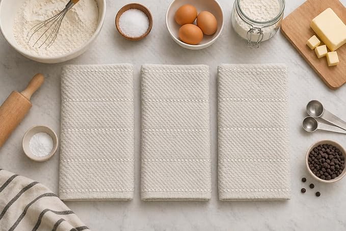 Off White Ivory Cream Kitchen Hand Dish Towels: Oversized 28" x 18",100% Cotton Cloth Soft Cleaning Drying Absorbent Textured Design, Set of 3 Multipurpose for Everyday Use (Creme Textured)