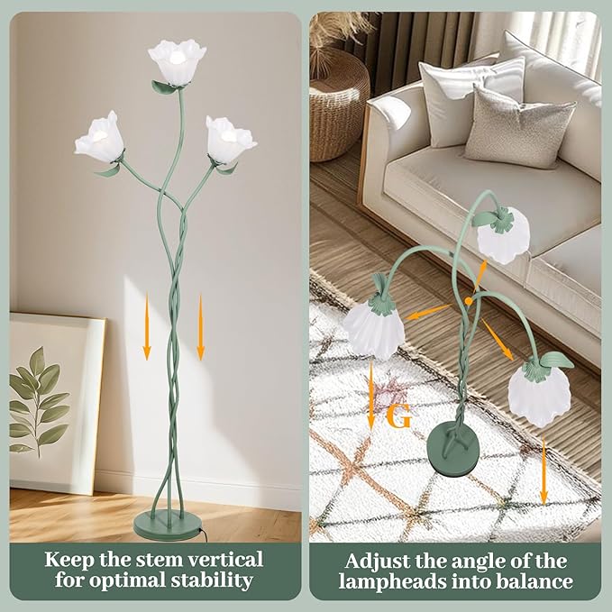 Elaruslux Vintage 3 Heads Flower Floor Lamp with Adjustable Gooseneck Corner Standing Tall Floor Lamp 3 Color Modes for Living Room Bedroom Reading Decoration Vine Floral Lamp with Lily of The Valley