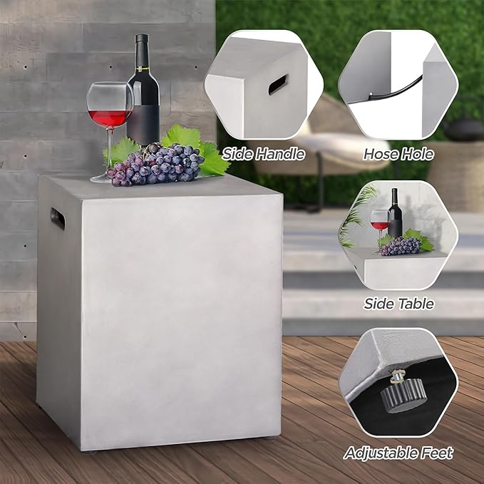 SiTimmGer 60-inch Outdoor Propane Fire Pit Coffee Table with Tank Cover, 50,000 BTU Concrete Rectangle Modern Outside Fire Table, Auto-Ignition, Included Lava Rocks, Metal Lid & Waterproof Cover