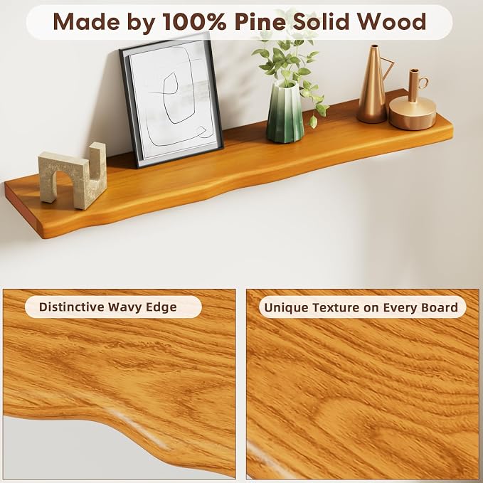 Solid Wood Live Edge Floating Shelves Set of 2 – 48" Rustic Wall Shelf with Hidden Bracket System, Wall Mounted Shelves for Bathroom, Kitchen, Living Room, Bedroom (Honey Walnut)