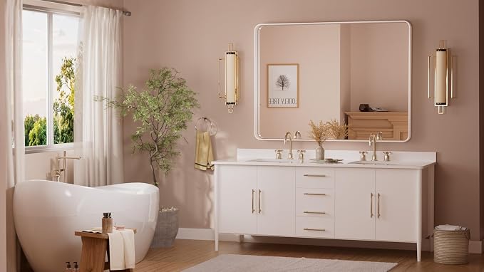TETOTE 48 x 36 White Mirror for Bathroom Metal Frame Wall Mounted Rectangle Mirror for Vanity with Sandy Textured Surface(Horizontal/Vertical)