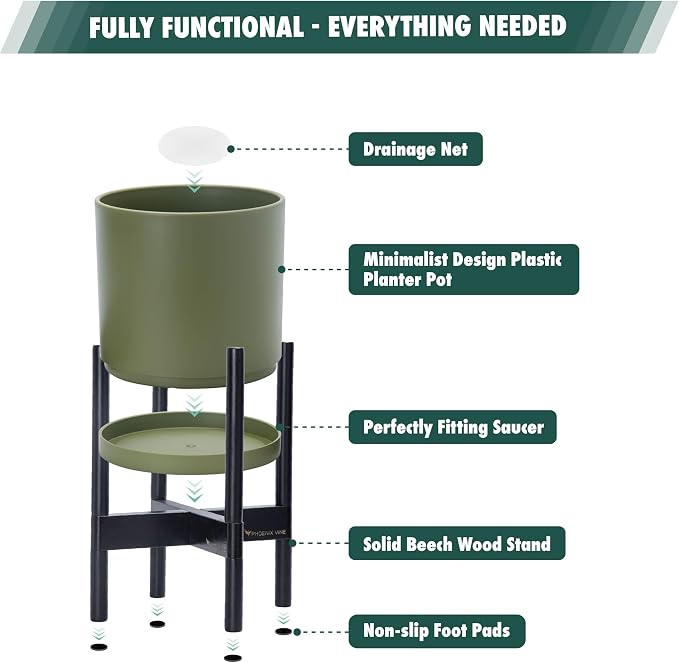 D'vine Dev Planter Pot with Stand - 10 Inch Plastic Cylinder Flower Pot with Wood Planter Holder for Indoor, Olive Pot + Ebony Stand, 55-C-N-3