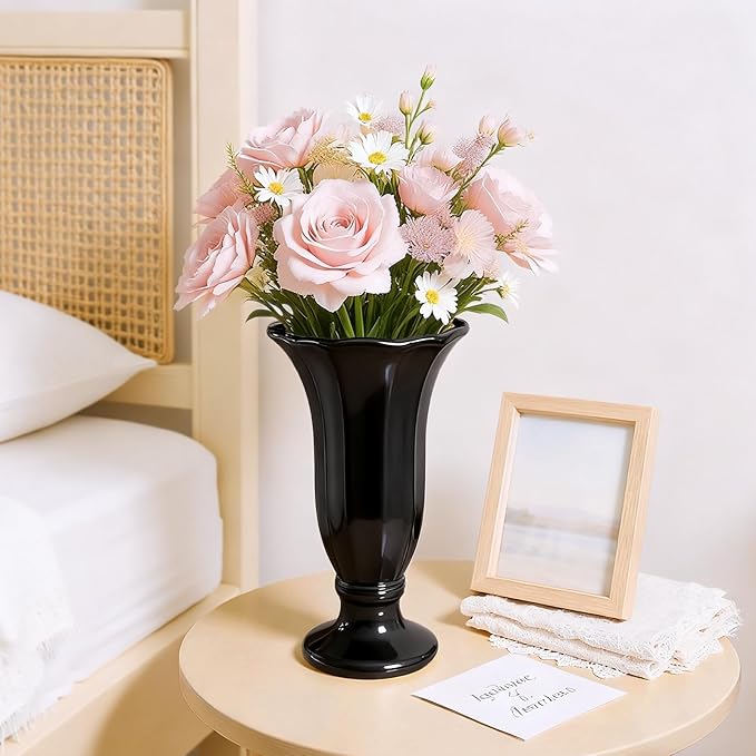 Black Fluted Ceramic Vase with Pedestal Base, 10 Inch Tall Modern Flower Vase for Dining Table Decor, Centerpieces, Countertops, Decorative Vases for Home Decor, Living Room, Kitchen, Wedding