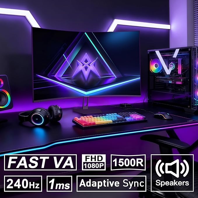 Amzfast 27 inch 240Hz Curved Gaming Monitor, FHD 1080P Monitor Gaming with Upgraded Built-in Speakers, MPRT 1ms with Fast VA Panel | 130% sRGB, 4000:1,1500R | 12 Months Warranty Exchange