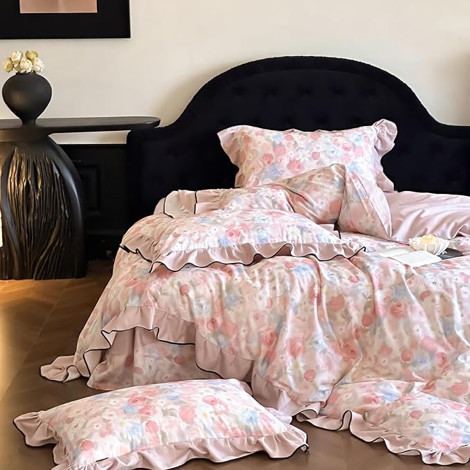 HighBuy Luxury Ruffled Duvet Cover King with Pink Floral Ruffle Edge,Soft Brushed Cotton Floral Bedding Set for Women Girls,Chic Farmhouse Comforter Cover Set,1 Duvet Cover and 2 Ruffle Pillowcase