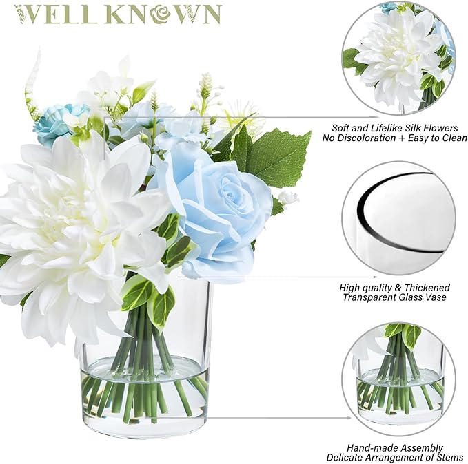 WELL KNOWN Artificial Flowers in Glass Vase with Fake Water, Silk Rose Dahlia Flower Bouquet for Home Dinning Tea Table, Office Desktop, Hotel, Wedding, Party, Lavatory Decor & Gift (Blue & White)