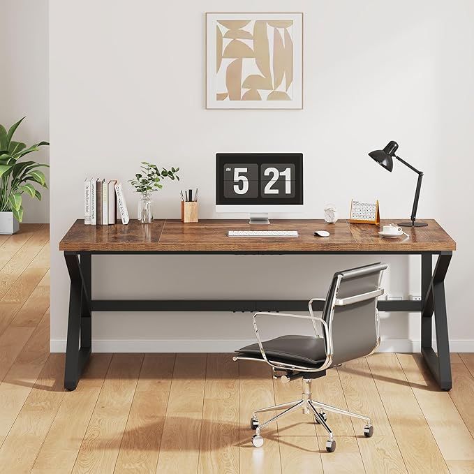 IBF 70 Inch Rustic Brown Desk, Industrial Large Metal Wood Double Computer Desk, Long Home Office Desks Table for 2 People Executive Work Writing Study Gaming, Farmhouse Big Two Person Desk in Bedroom