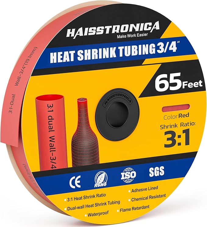 haisstronica 3:1 Heat Shrink Tubing, Shrink Ratio Adhesive Lined Marine Grade Heat Shrink Tube for Home, Automotive and Industrial (Red) 65FT 3/4inch