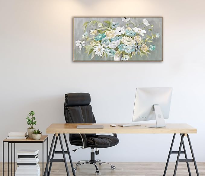 VEAEE Floral Wall Art - Float Framed Abstract Flowers Canvas Pictures Living Room Wall Decor Modern Landscape Painting Botanical Grass Artwork for Bedroom Bathroom Kitchen Office Decor 20"x 40"