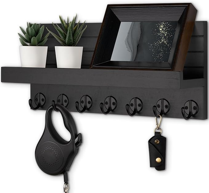 Lwenki Key Holder Wall Mount, Entryway Key and Mail Holder with 7 Sturdy Hooks for Sunglasses, Dog Leash, Decorative Wall Shelf with Mounting Hardware, 15”W x 6.7”H x 4.2”D