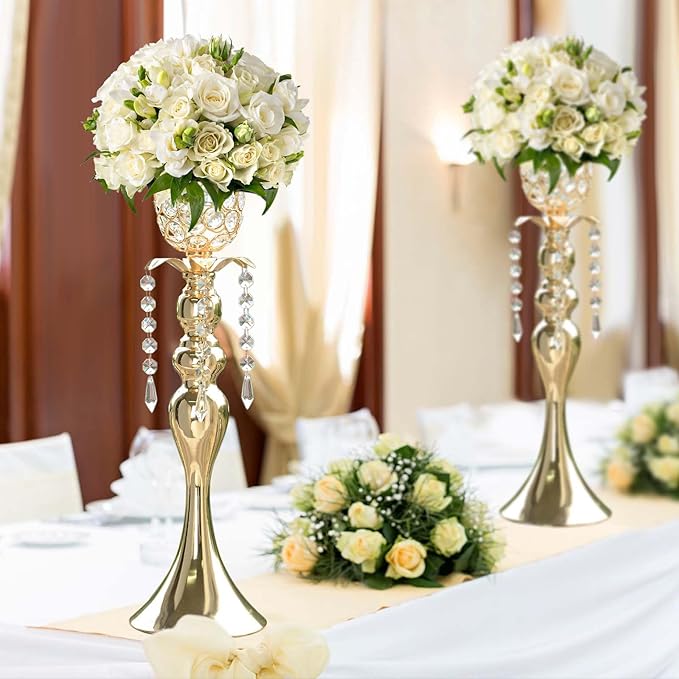 6Pcs Gold Crystal Metal Vase Set - Tulip & Trumpet Wedding Centerpieces, Artificial Flower Arrangement Vases Bulk for Home Decor, Restaurant Table Displays