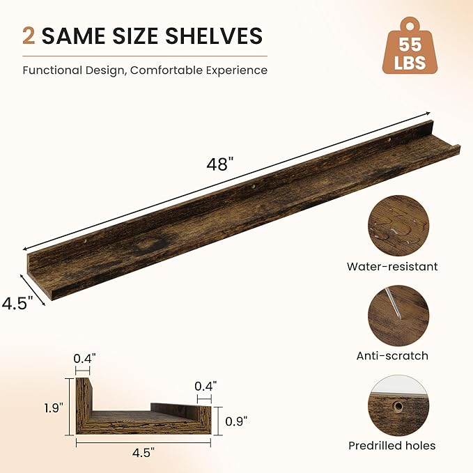 Dreamland Picture Ledge Shelf for Wall, Floating Shelves Set of 2,48 inch Long Floating Shelves with Lip for Living Room,Bedroom,Bathroom,Kitchen,Rustic Brown