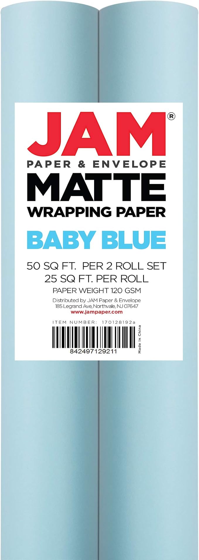 JAM Paper Gift Wrap - Matte Wrapping Paper - 50 Sq Ft Total (30 in x 10 Ft Each) - Matte Light Baby Blue/Pool Blue - 2 Rolls/Pack
